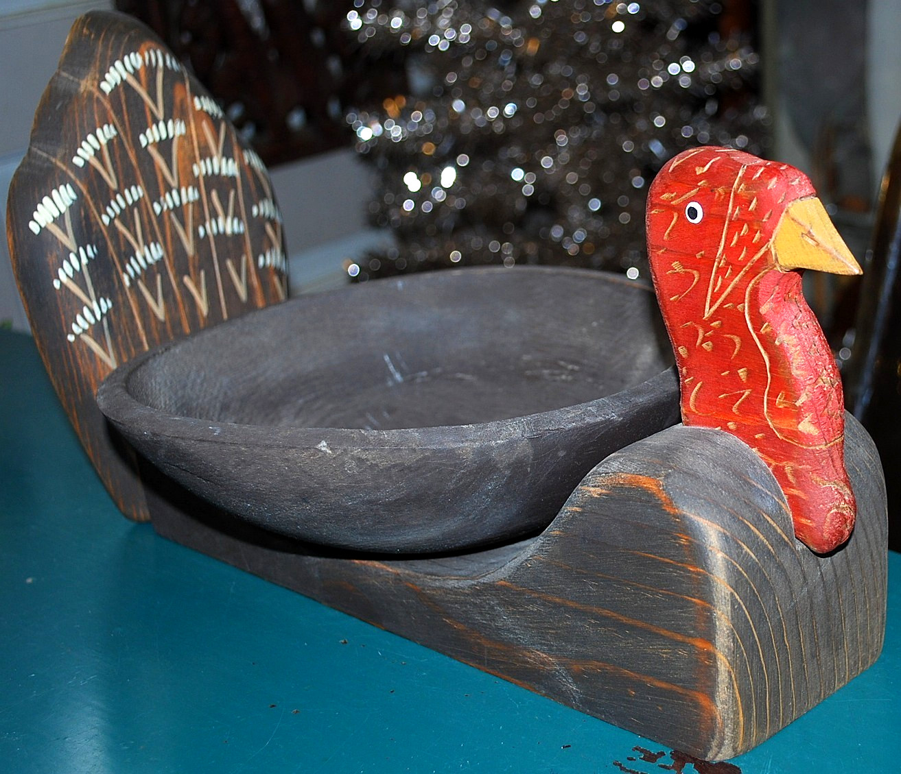 Vtg Hand Carved WOODEN TURKEY BOWL Painted FOLK ART Thanksgiving Centerpiece 14"