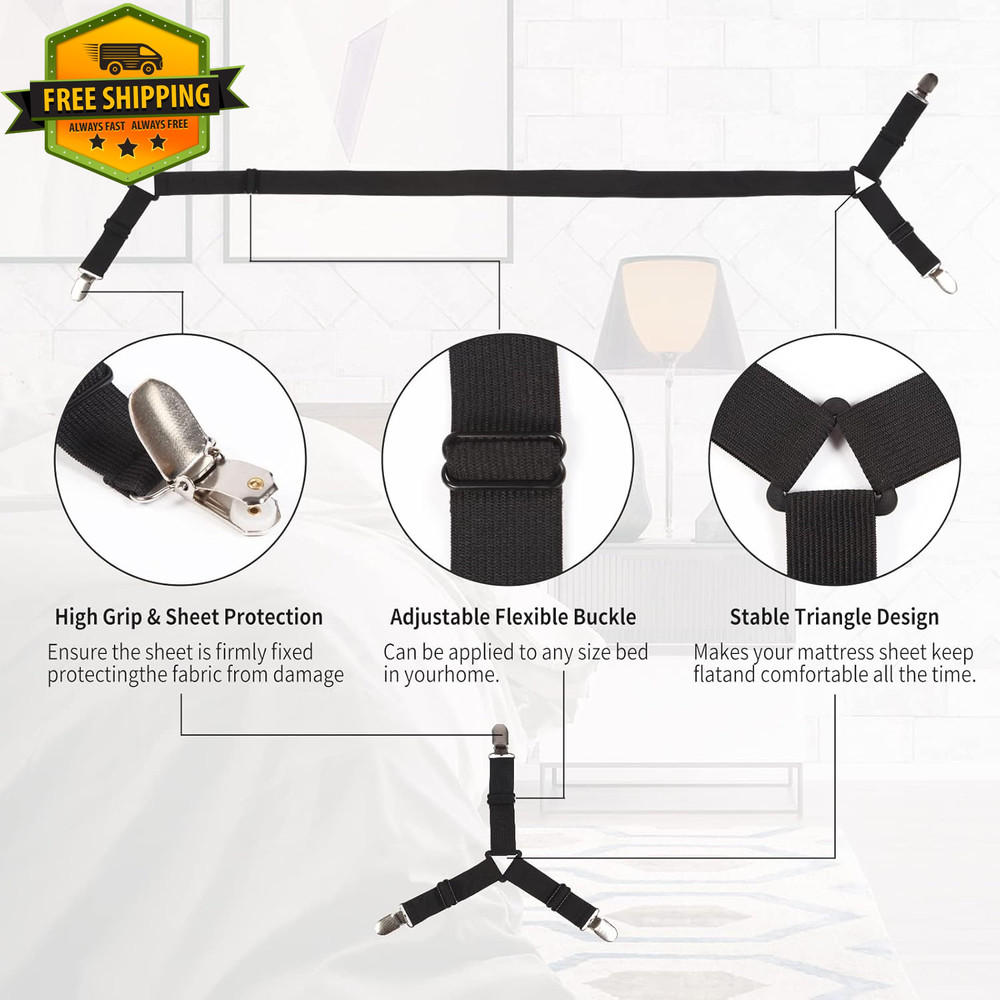 Bed Sheet Holder Straps Adjustable Elastic Clips Keep Sheets Tight 4PCS