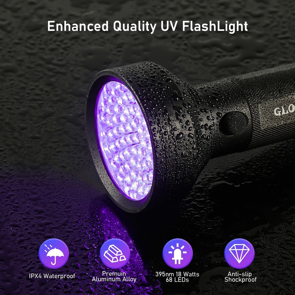GLOSSDAY Blacklight Flashlight 68 LED UV Flash Light,Ultraviolet 68LED, Black