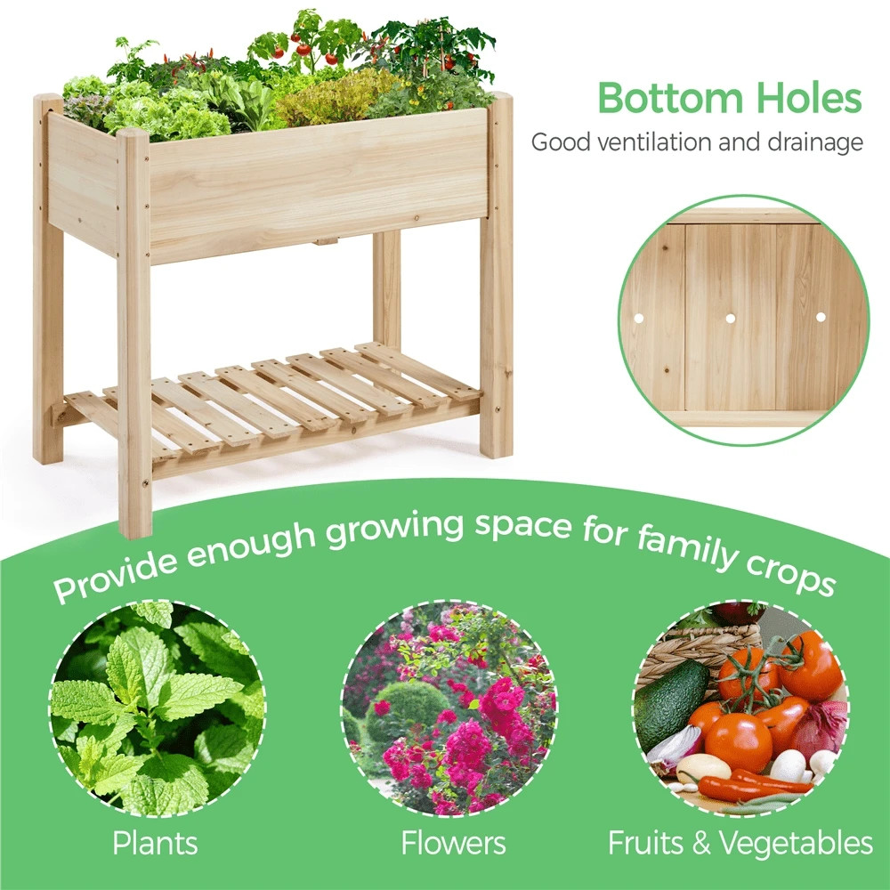 34"×18"×29.5" Raised Garden Planter Elevated Wood Bed with Bottom Shelf for