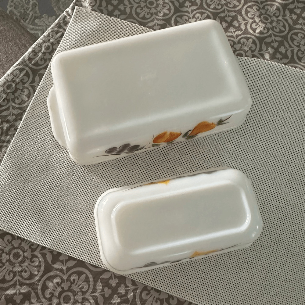 Anchor Hocking FIRE KING 2 pc Loaf Pan & Rectangular Peach Blossom Dish Vintage
