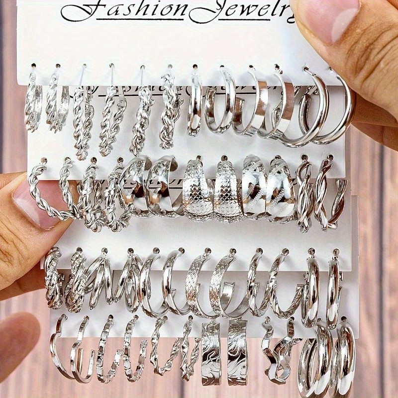 48Pcs Women's Fashion Hoop Shaped Earring Set Pendant Ear Studs Zinc Alloy