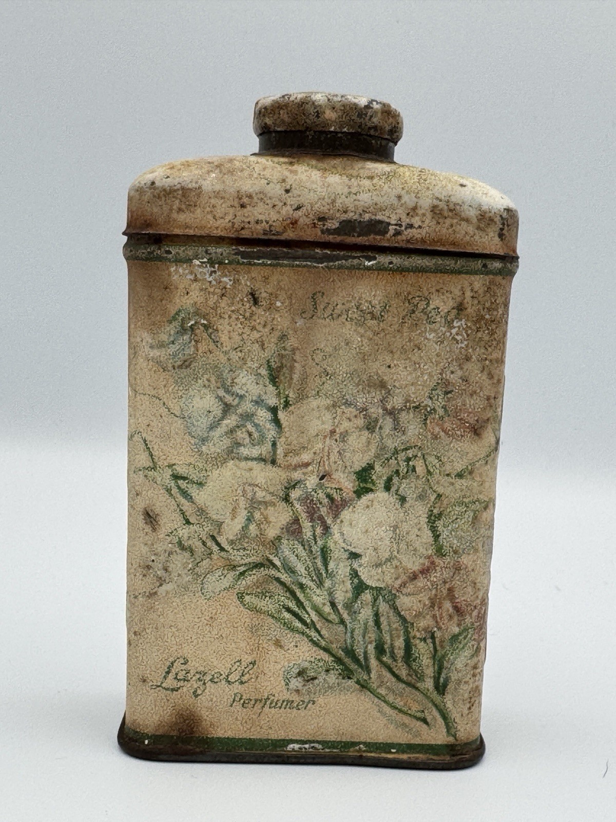 Antique Lazell Sweet Pea Talc Tin c1910 Advertising Floral Patina Cottagecore