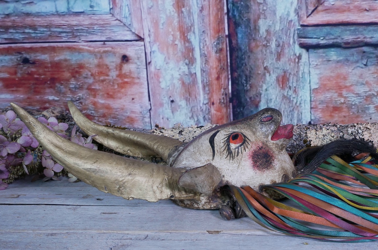 Coconut Goat Mask with Hair Beard Real Horns Handmade Guerrero Mexican Folk Art