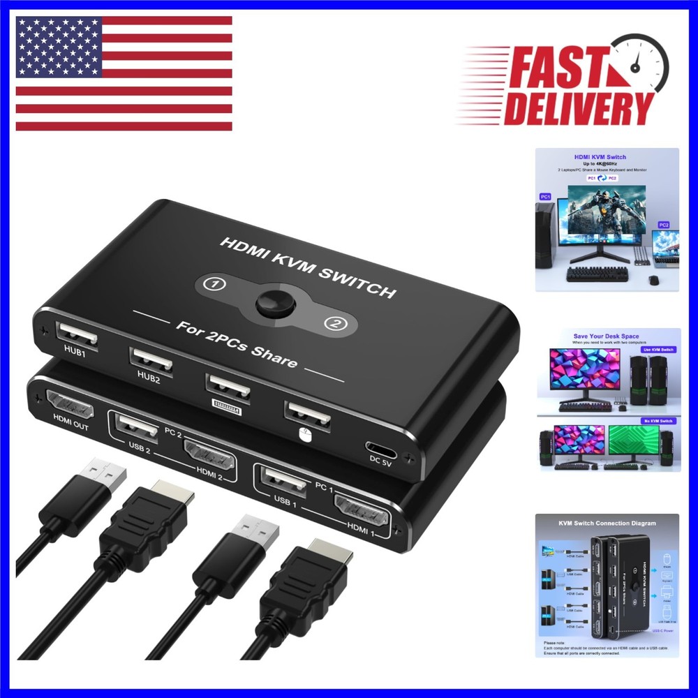 One-Button HDMI KVM Switcher for 2 Computers - Impactful 4K Video Quality