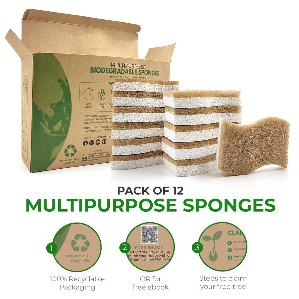 Biodegradable Natural Kitchen Sponge - Compostable Cellulose and Coconut Waln...