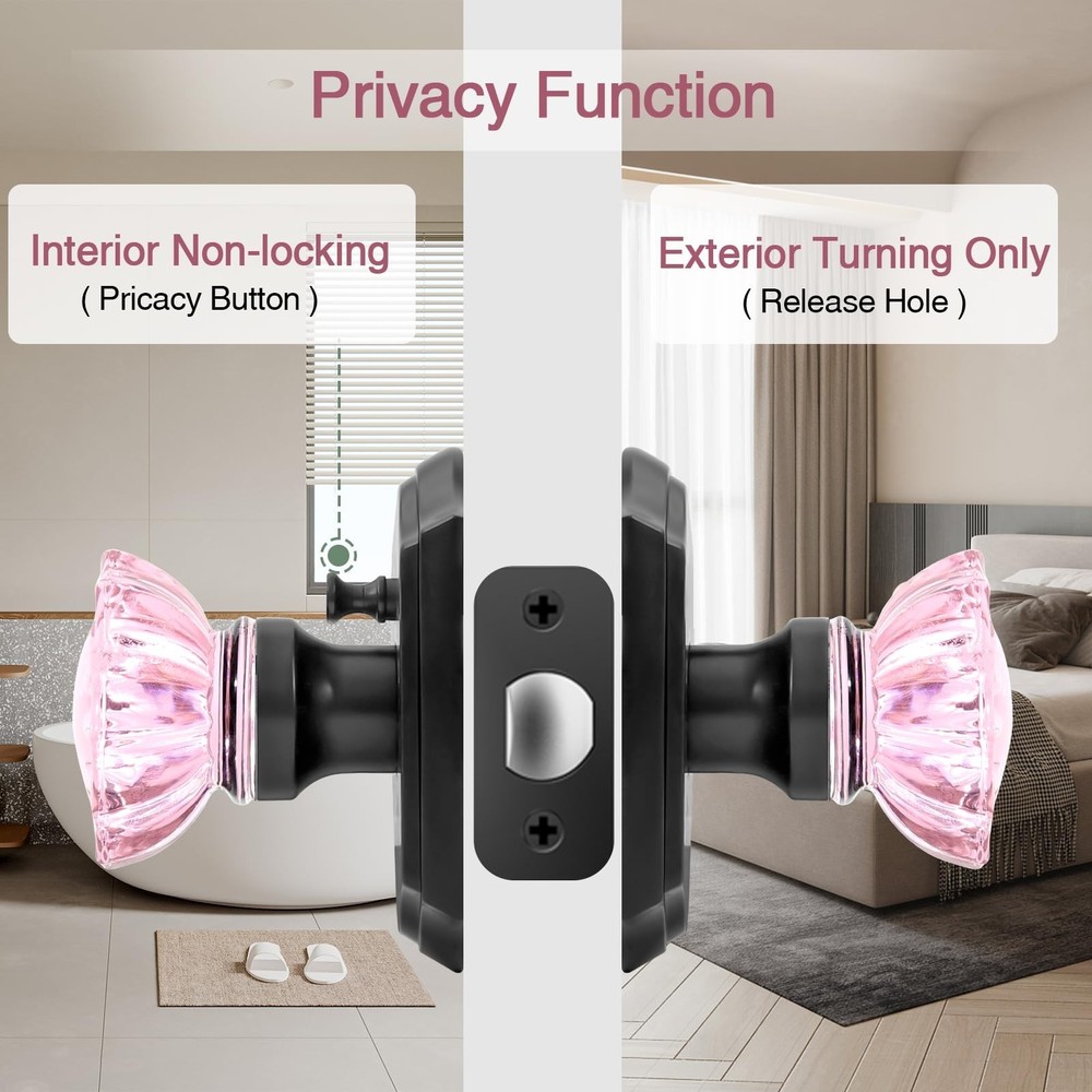 Crystal Door Knobs, Pink Black Glass Door Knobs Interior Rose Shape with Lock...