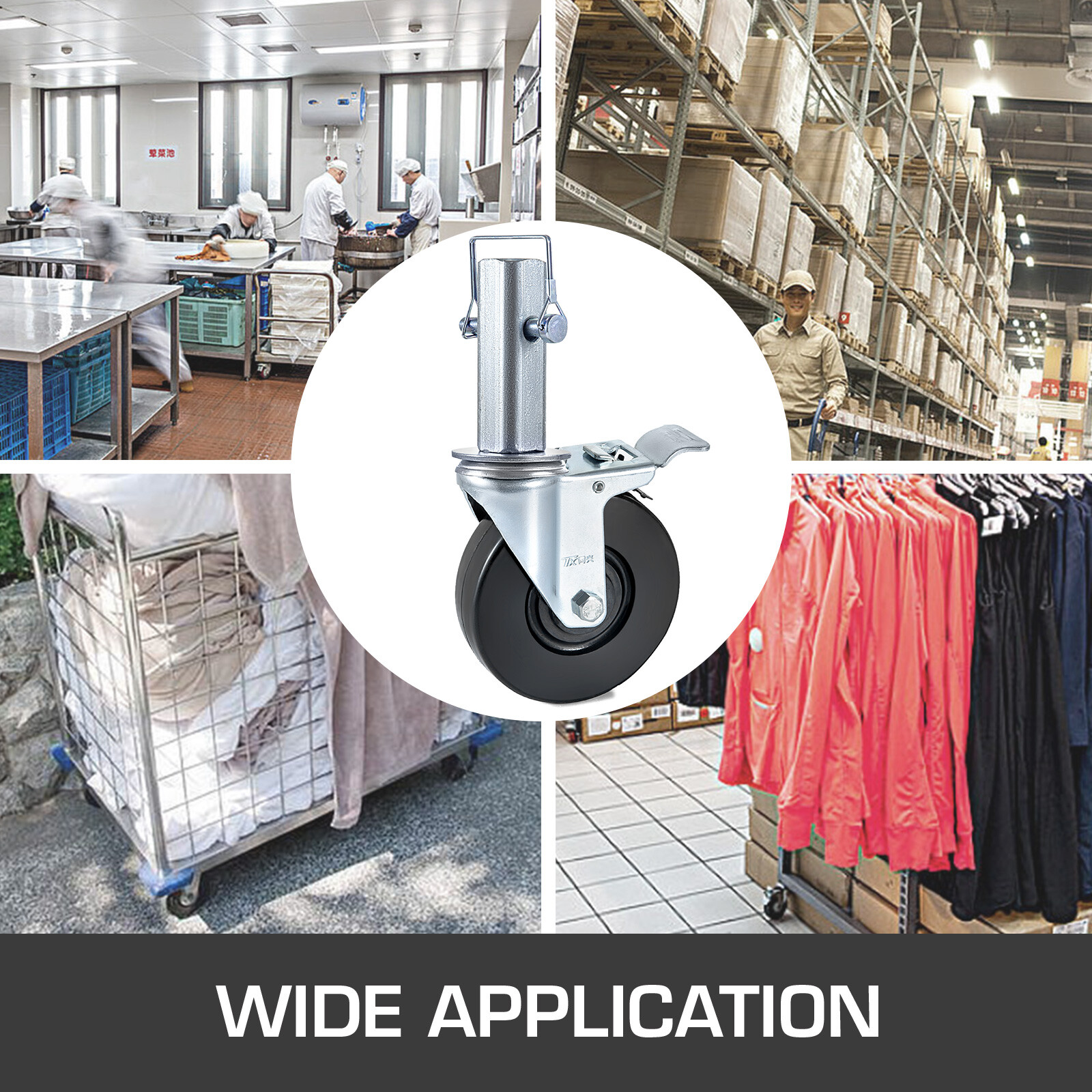 5" Scaffolding Casters Hard Rubber Wheels w/ Lock Brake 1.25" Square Shank 4 PCS