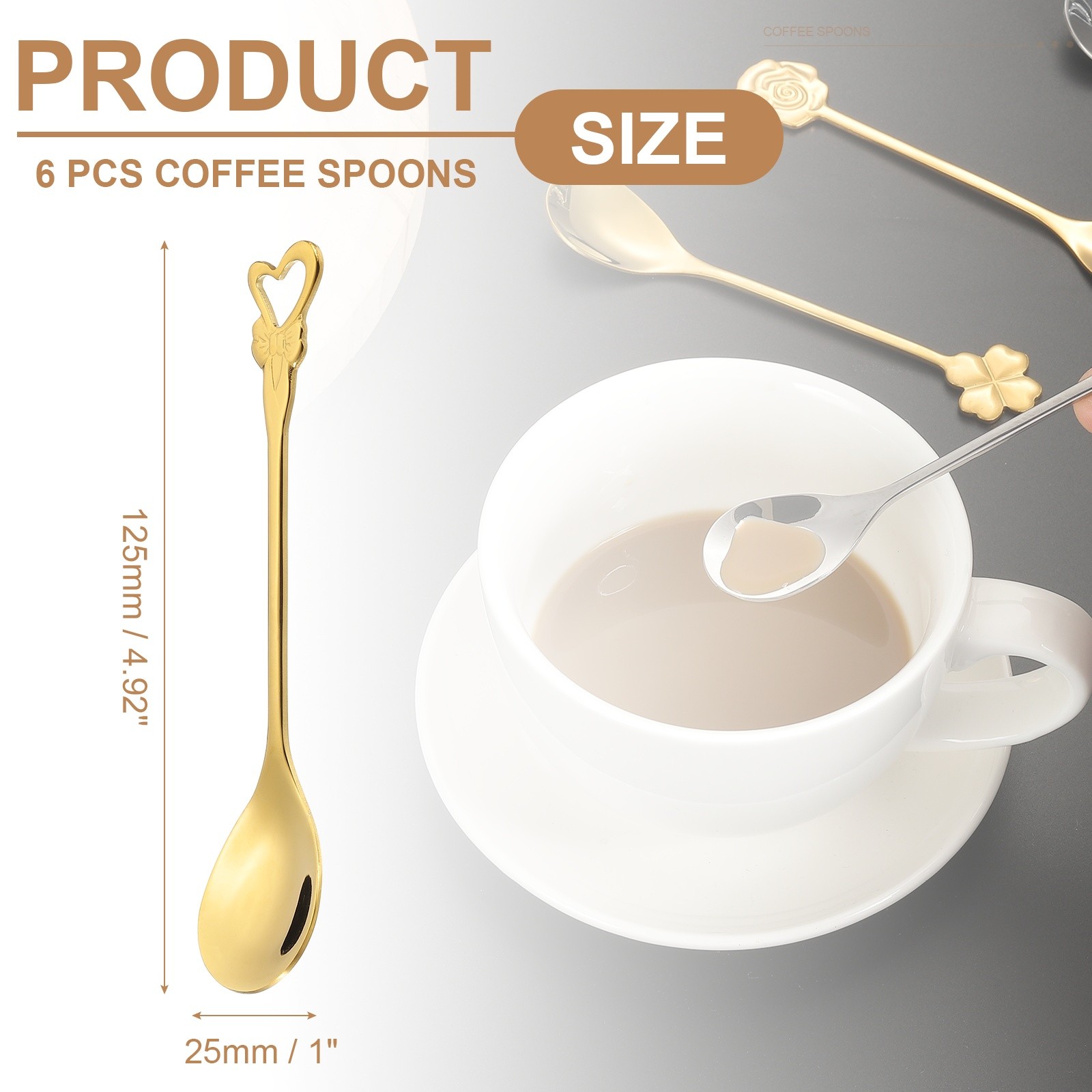 6pcs Coffee Spoons, Heart Tea Spoons Stainless Steel, Gold