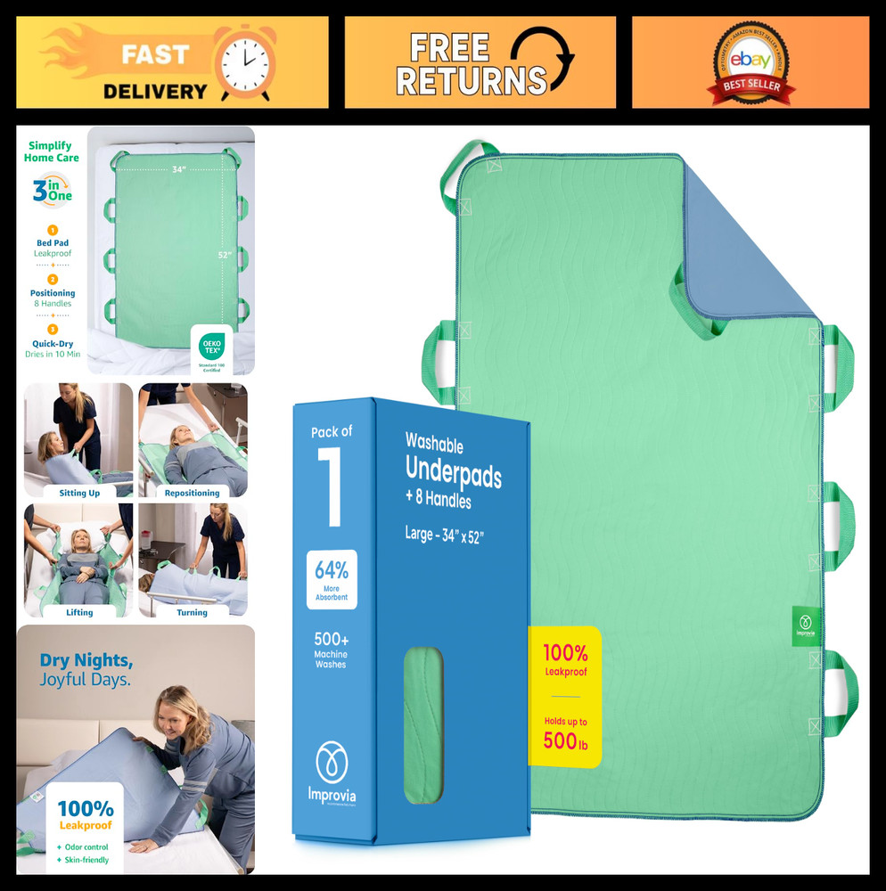 Positioning Bed Pad with 8 Handles, Quick-Drying, Washable, Waterproof for Elder