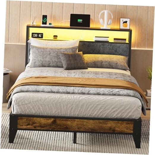 Bed Frame with Headboard, Metal Platform Bed Size with 2-Tier Storage, Full
