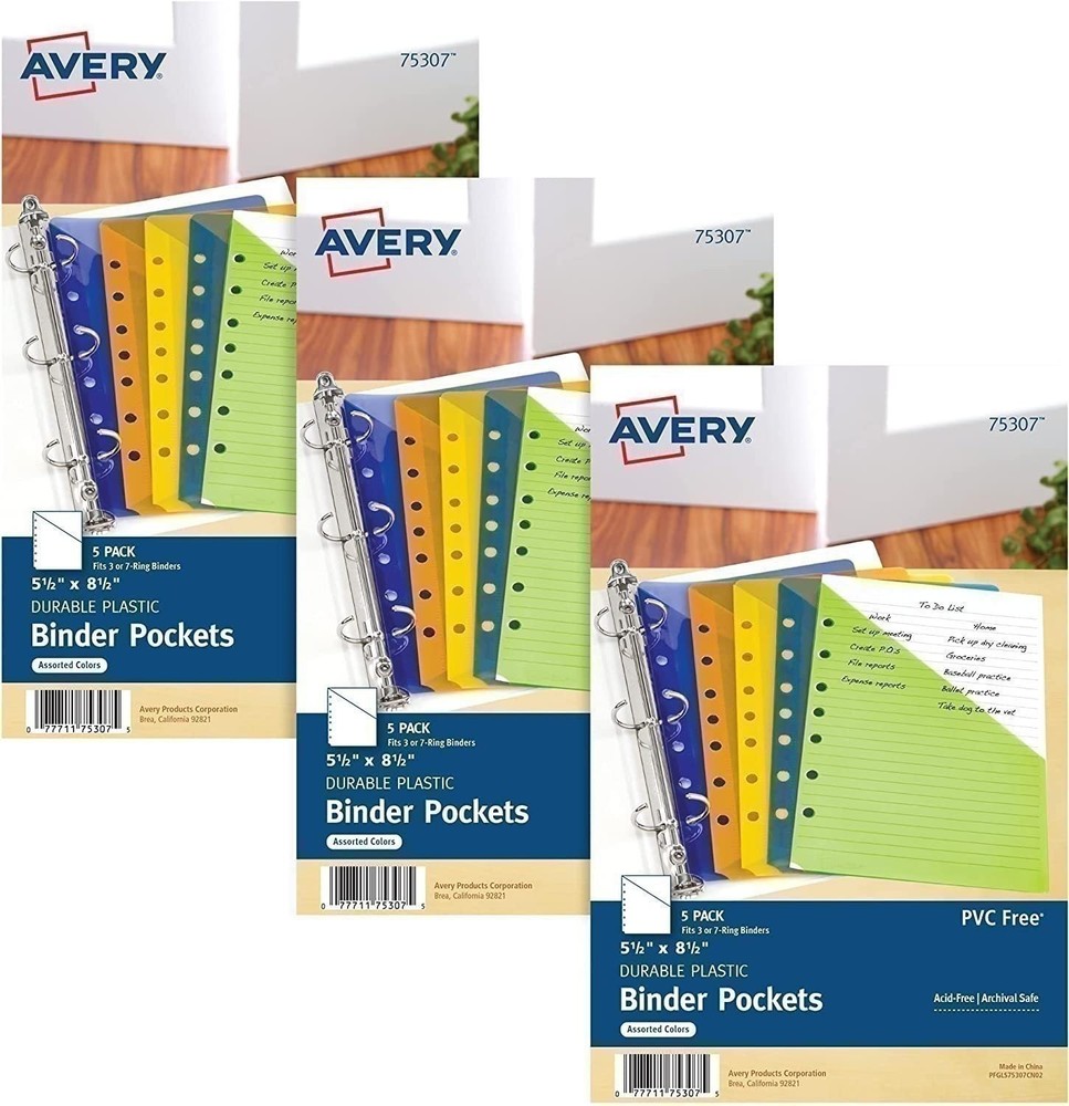 Avery Mini Binder Pockets,Assorted Colors,Fits 3-Ring Binders and 7-Ring Binders