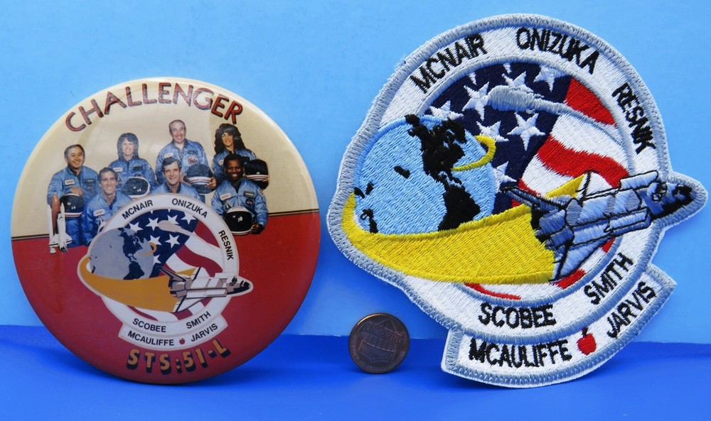 NASA STS-51L Space Shuttle CHALLENGER PATCH & BUTTON vtg TEACHER McAULIFFE