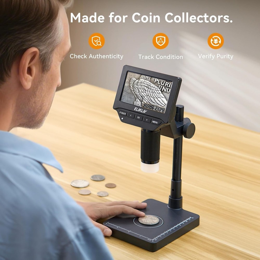 Coin Microscope with Scale：4.3" Digital Microscope with Adjustable LED, Error...