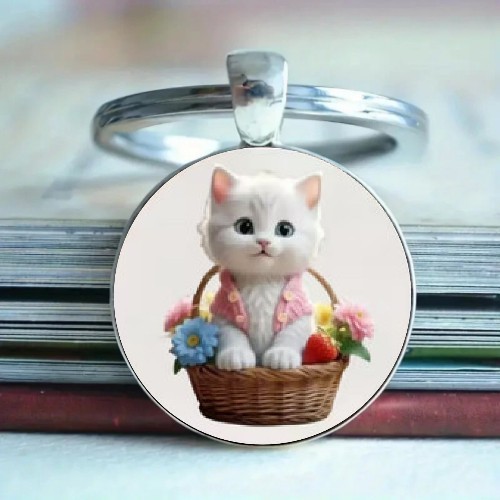Flower Basket Kitten Pattern Round Glass Keyring Keychain