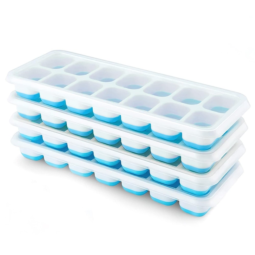 4 Pack Silicone Ice Cube Trays with Removable Lid Easy-Release Flexible 14-cube