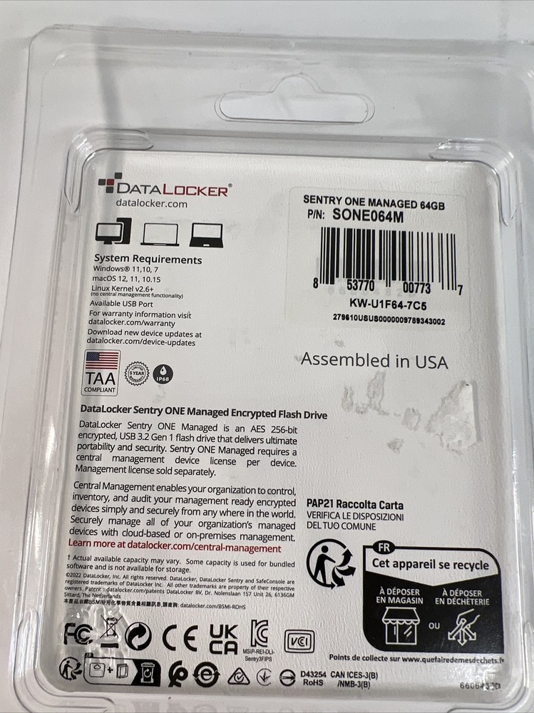 DataLocker Sentry ONE 64GB USB 3.1 Encrypted Managed Flash Drive SONE064M