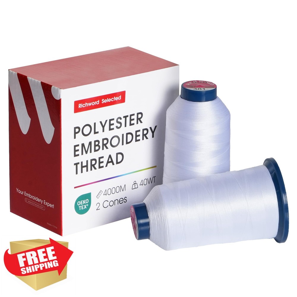 Poolin Embroidery Thread, White, 4000M Polyester, 2 Rolls Machine Spools
