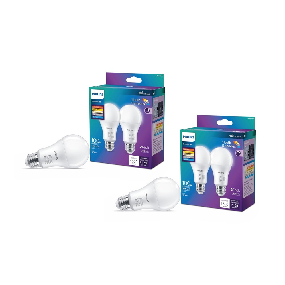 LED Light Bulbs 100W A19 4 Pack Selectable Dimmable Flicker Free Philips