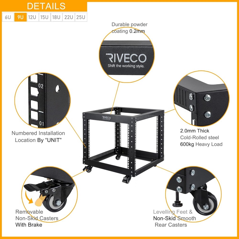 RIVECO 9U Open Frame Server Rack with Casters 19 Inch