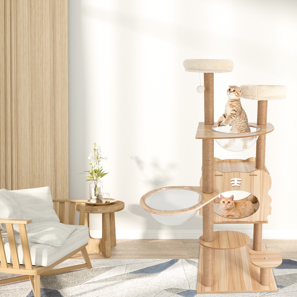 Cat Tree Tower Tall Scratching Post Activity Centre with Den Beige Large 137cm