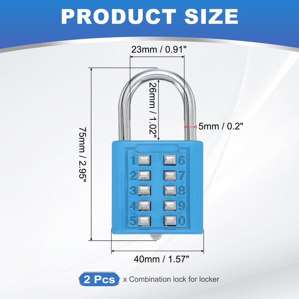 2Pcs Push Button Combination Padlock 10-Digit 5-Position Lock Lake Blue