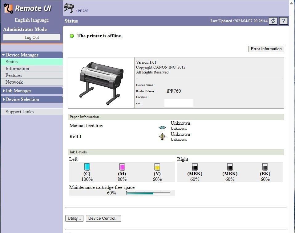 Canon imagePROGRAF iPF760 Plotter 36" Color Inkjet Large Format Printer w/inks