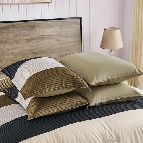 7 Pieces Striped Size Comforter Set, Soft Microfiber Down King Brown-beige