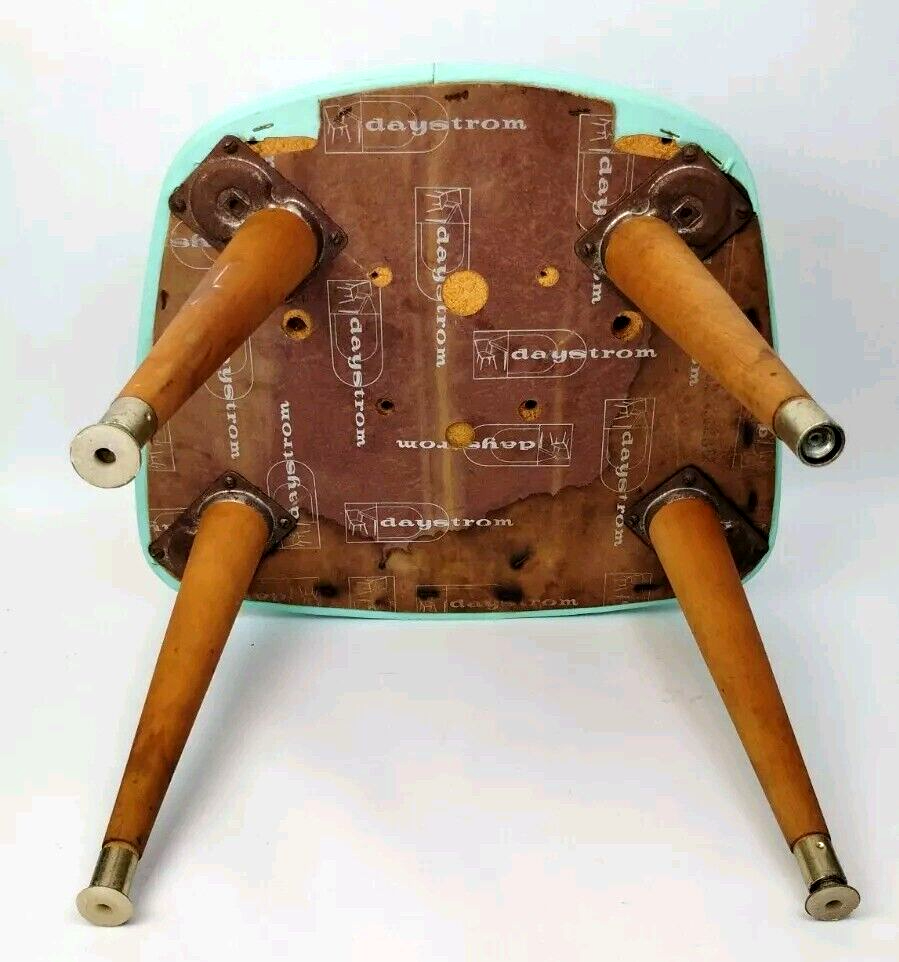 1963 Daystrom Atomic MCM Aqua Blue Vinyl Foot Stool 14" Tapered Peg Leg Gold Tip