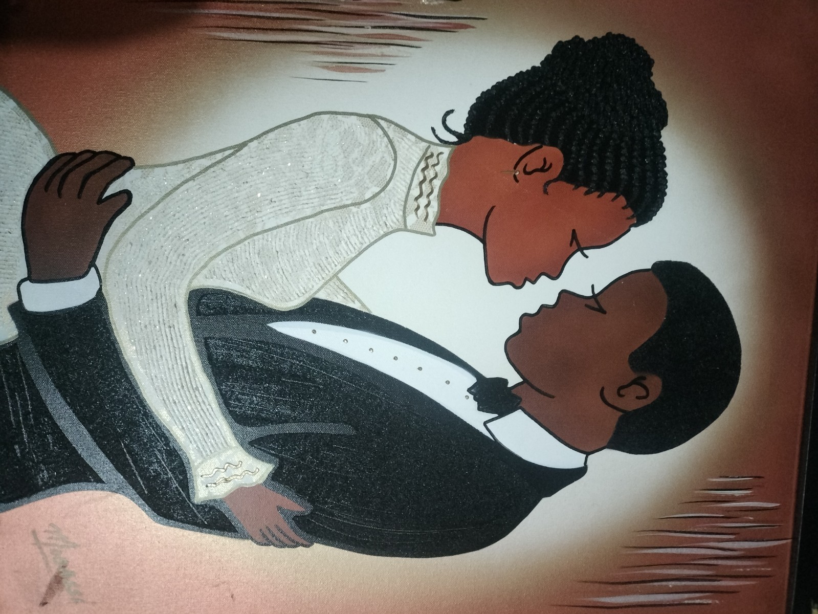 MOBASSI AFRICAN AMERICAN MAN AND WOMAN IN LOVE ORIGINAL OIL ON CANVAS PAINTING