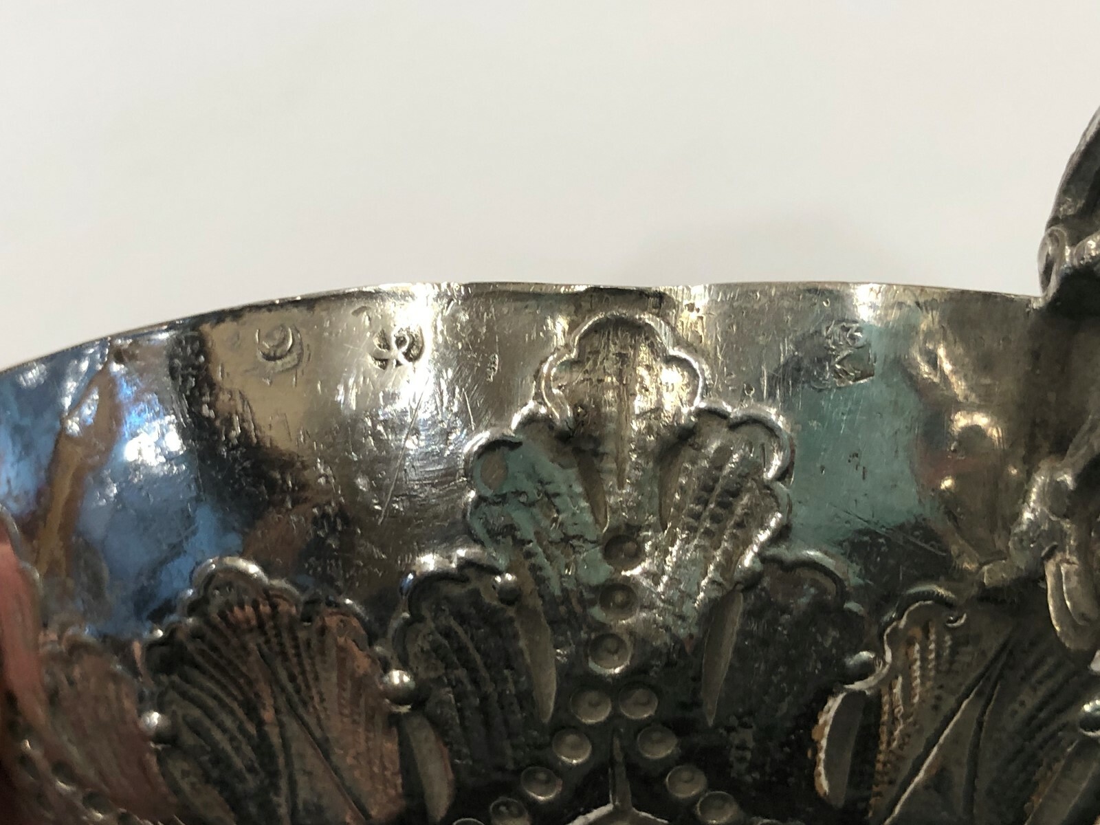 Hanau Sterling Silver Folk Scene of Piper Bowl/Wine Taster Germany c. 1900