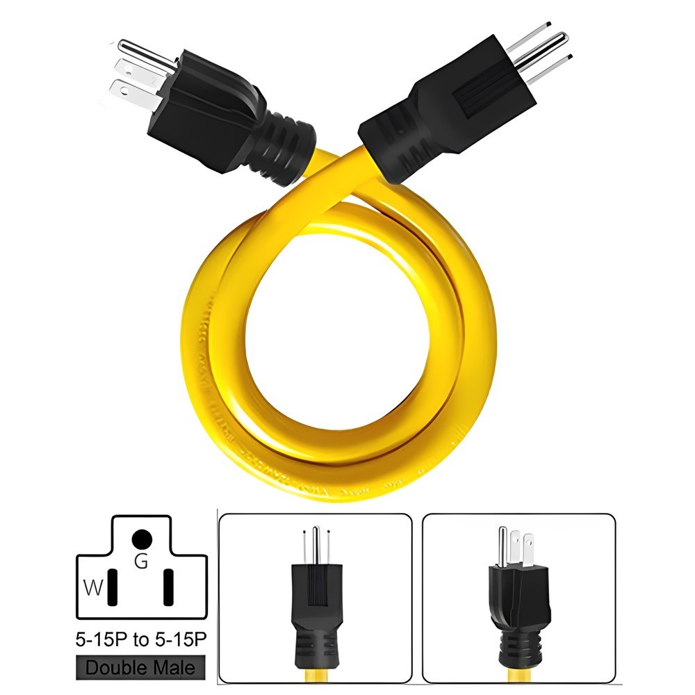 3 Prong Plug 125V Double Male Extension Cord NEMA 5-15P to 5-15P Adapter Yellow