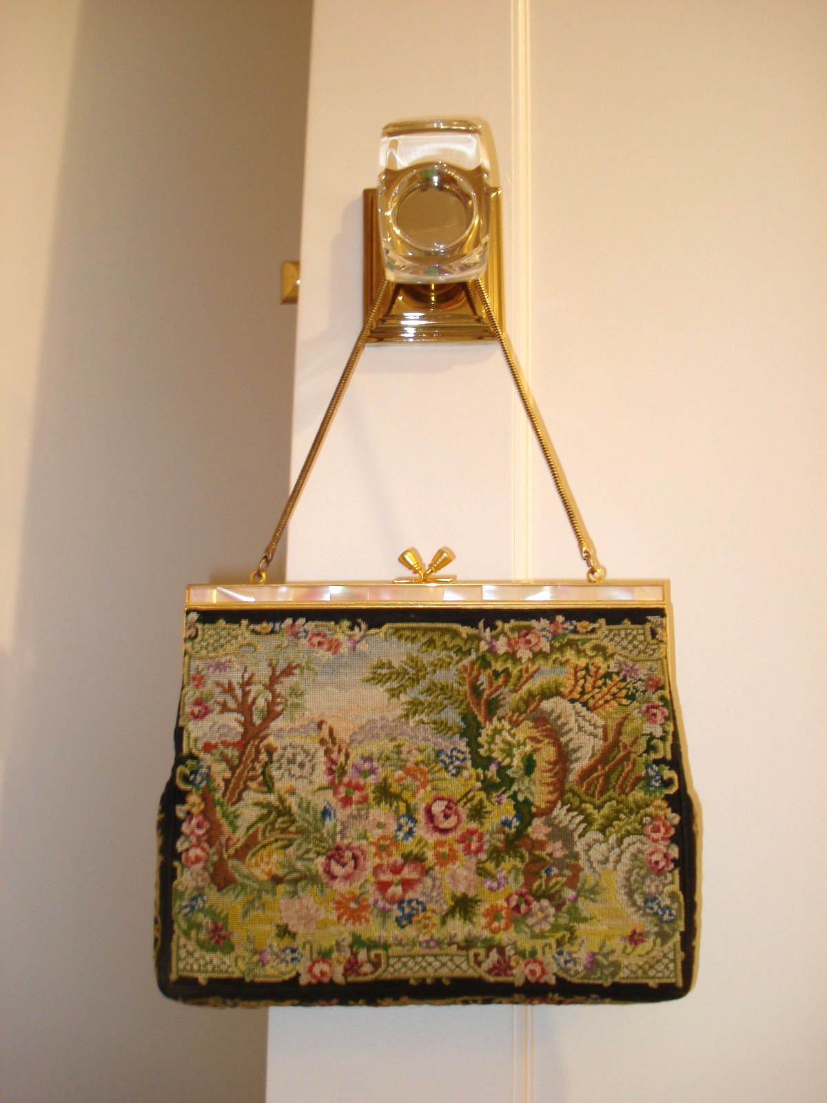 VINTAGE PETIT POINT FLORAL TAPESTRY GOLD METAL MOTHER OF PEARL TRIMMED FRAME