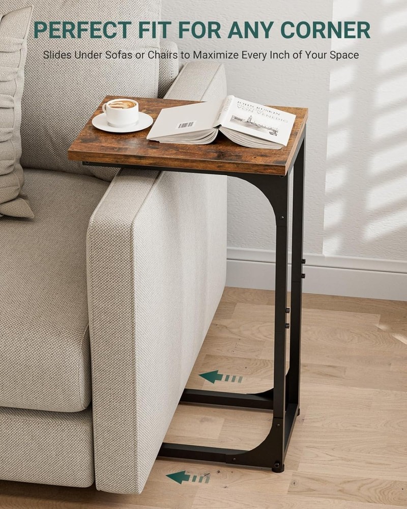 Compact C-Shaped Side Table with Waterproof Top - Rustic Brown & Metal Frame