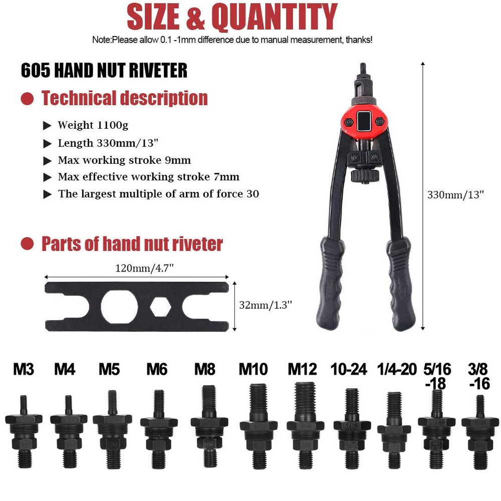 Rivet Nut Gun Kit Rivnut Setting Tools Nut Setter Tool Hand Blind Riveter 13"