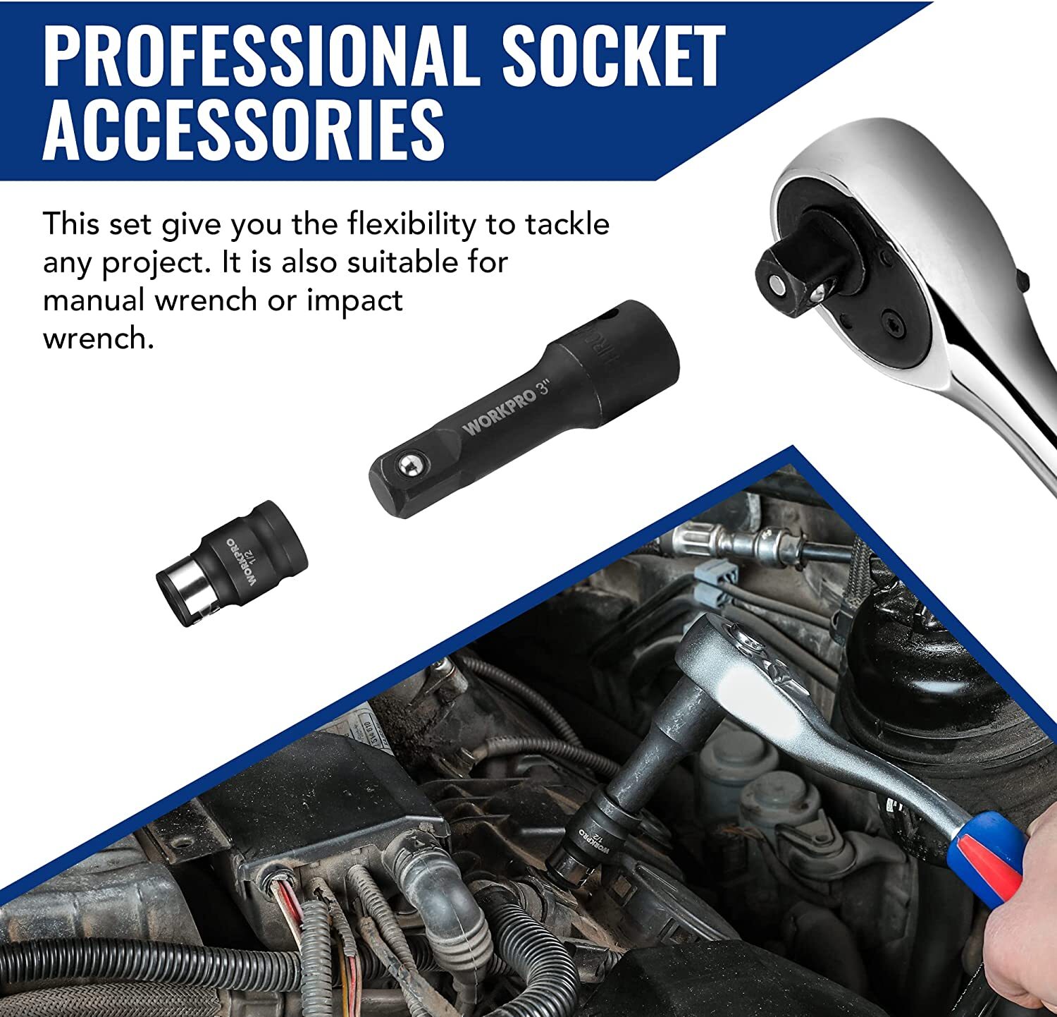 WORKPRO 18PCS Drive Tool Accessory Set 1/4"3/8''&1/2''Drive Corrosion-resistant