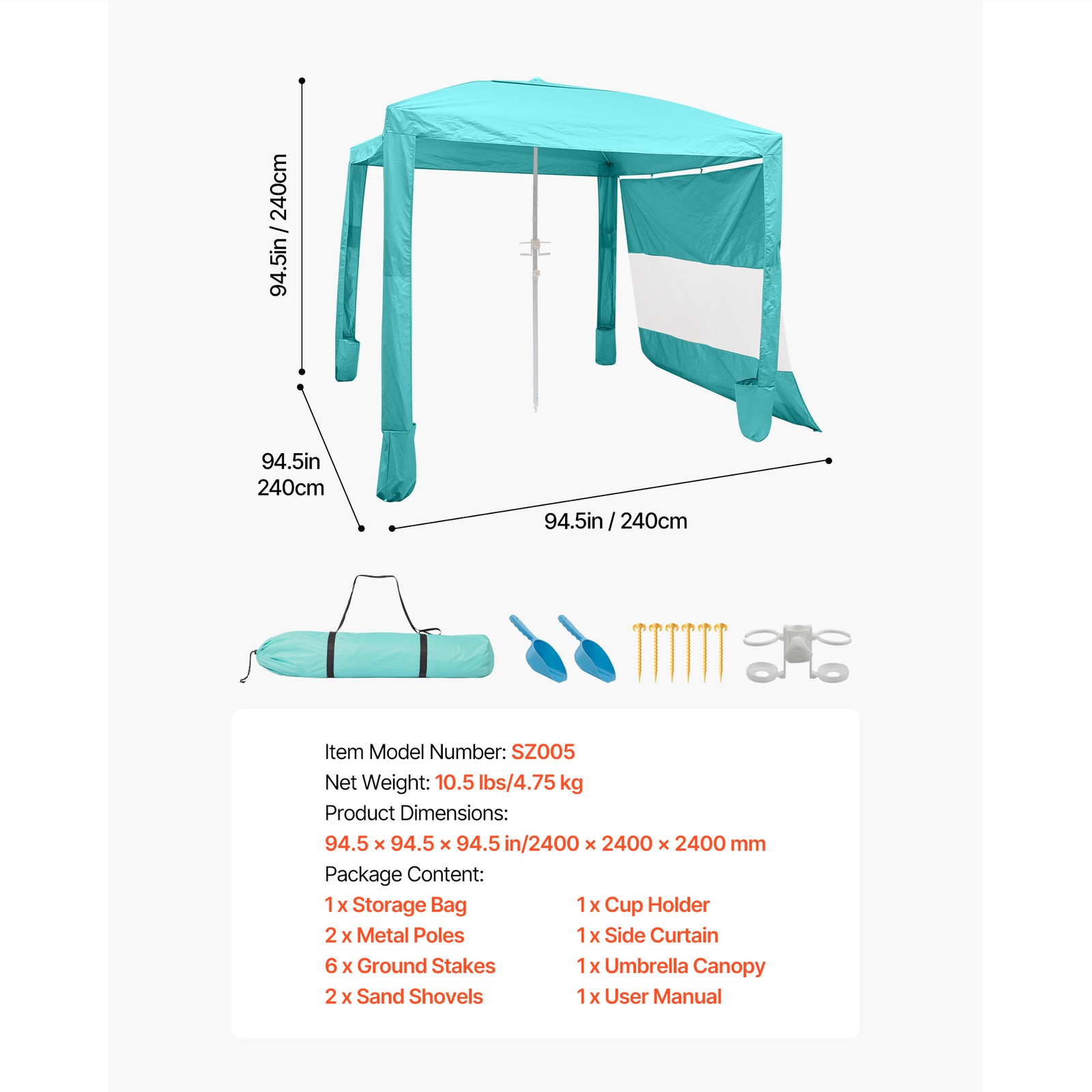 Uimoso Beach Cabana Canopy with Side Wall & Carry Bag, 8 x 8 ft, UPF 50+, Green