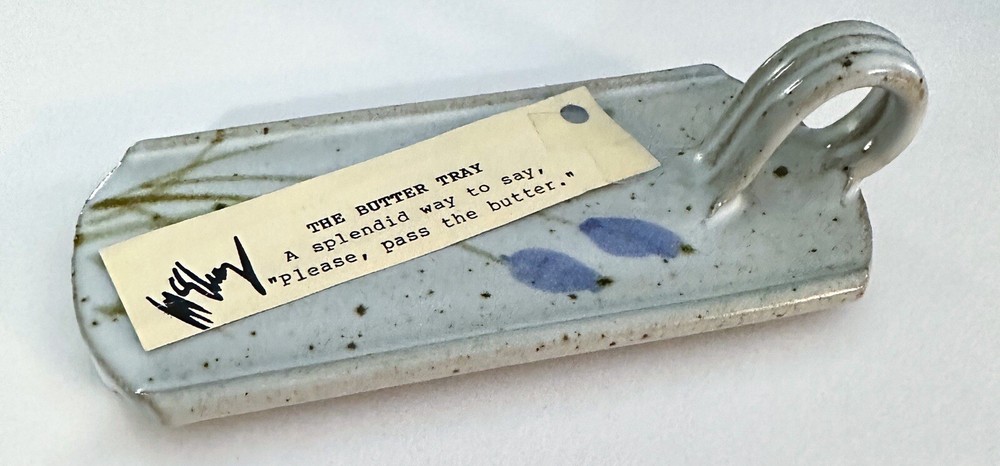McElroy Pottery Studio Stoneware Butter Tray w Handle Signed Tag 6.5” Primitive