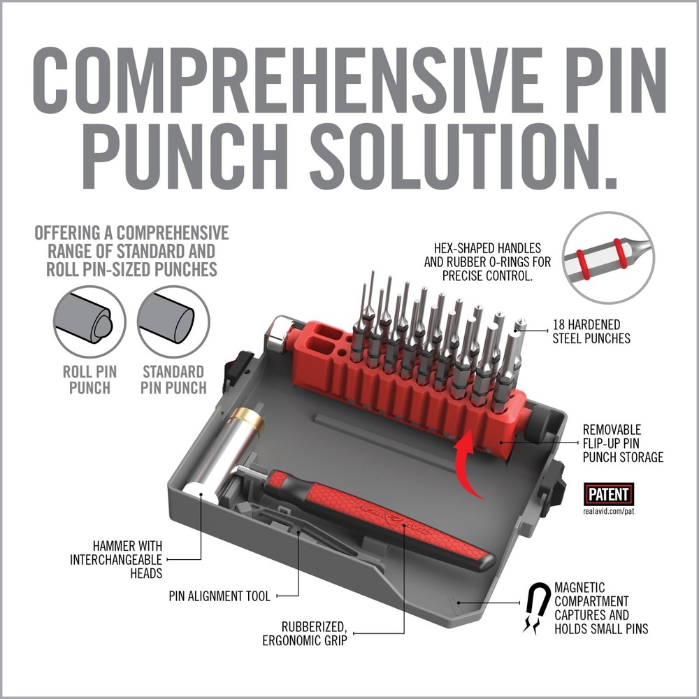 Real Avid Master Bench Block Pro-Kit - Roll Pin & Standard Punch Set + Hammer