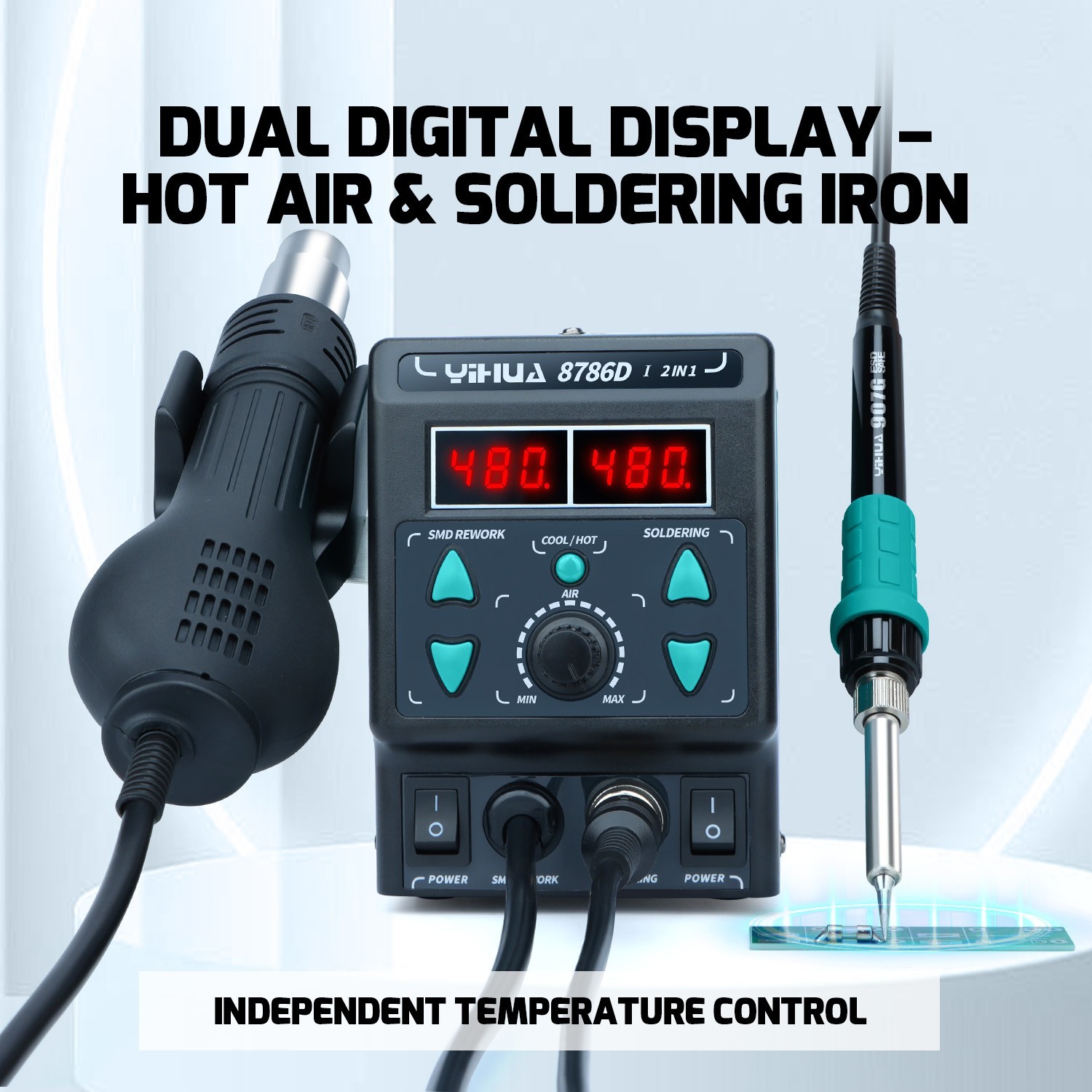 YIHUA 8786D-I Dual LED Digital Soldering Station with Hot Air Desoldering Rework
