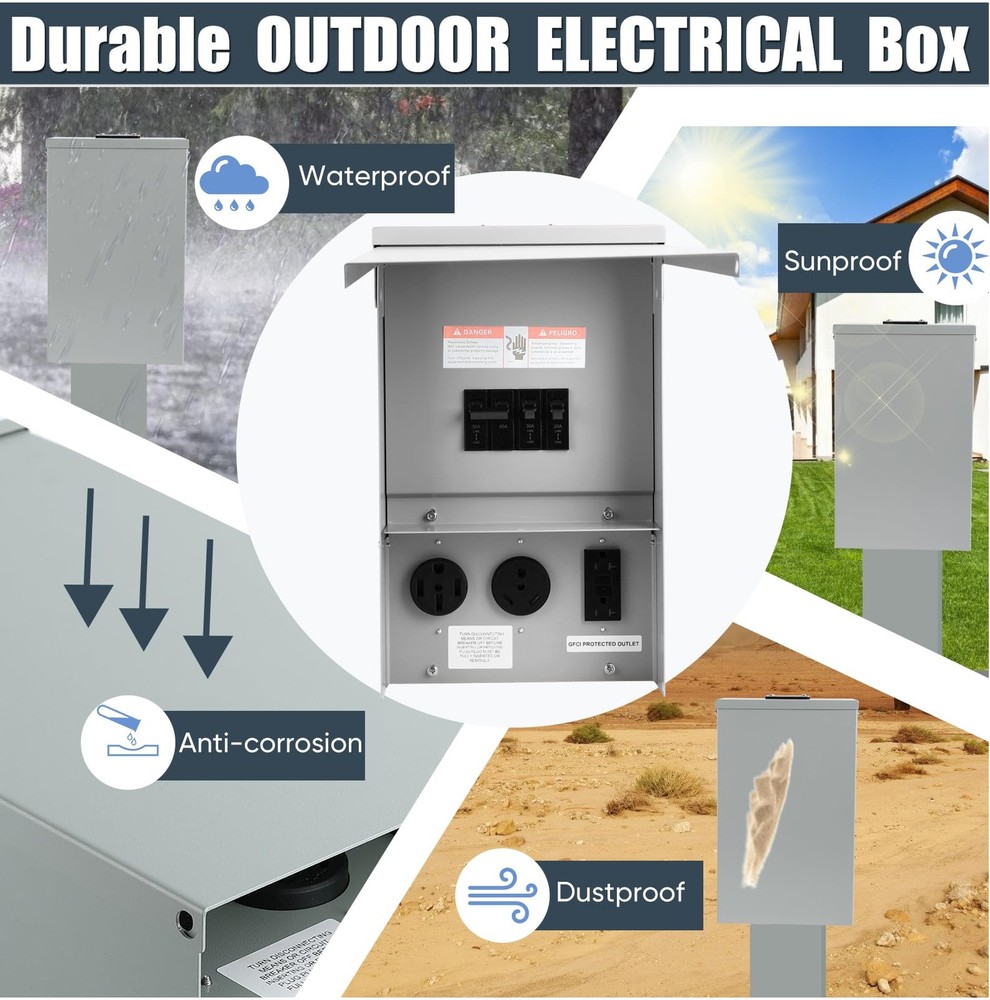 Electrical Outlet Boxes Temporary Power Panel Weatherproof RV Receptacle Grey