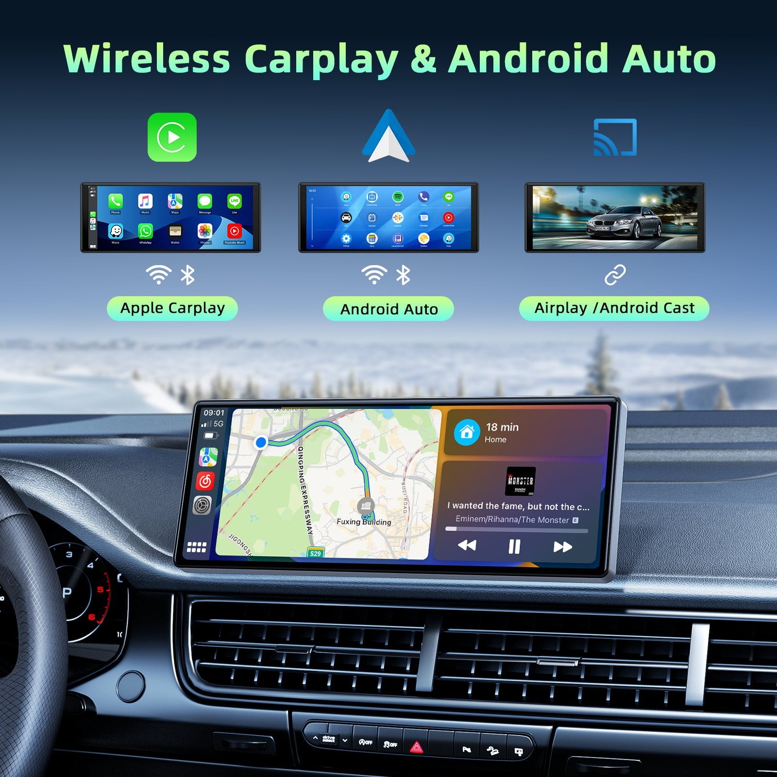 10.26" Portable Car Wireless Apple CarPlay Android Auto FM Touch Screen Radio