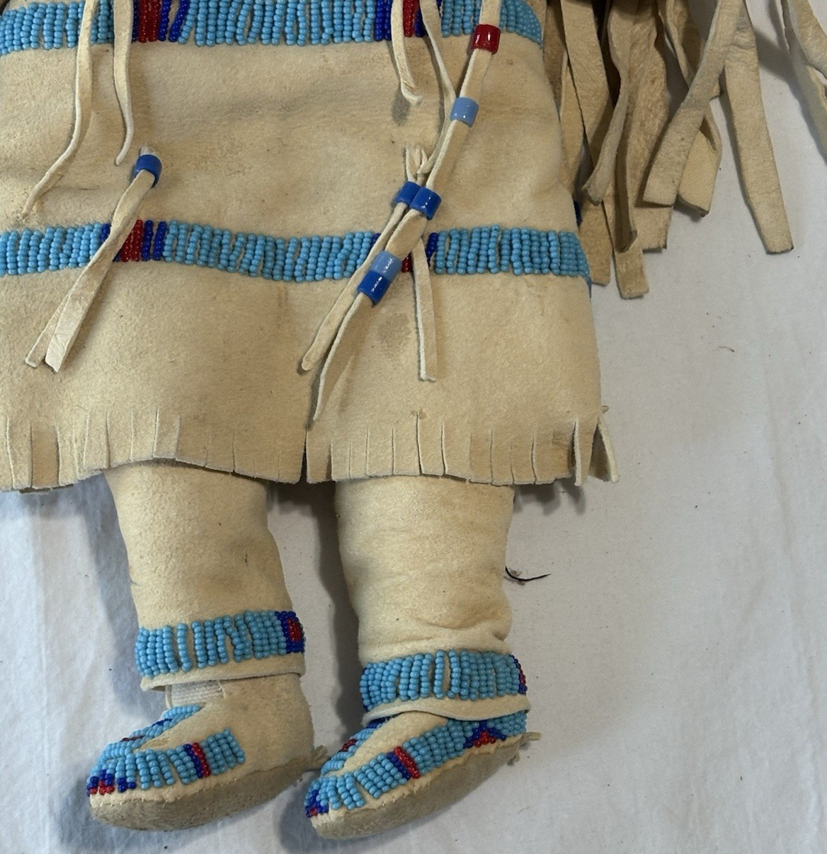 Vintage Native American Handmade Buckskin Beaded Doll 16"” Real Hair