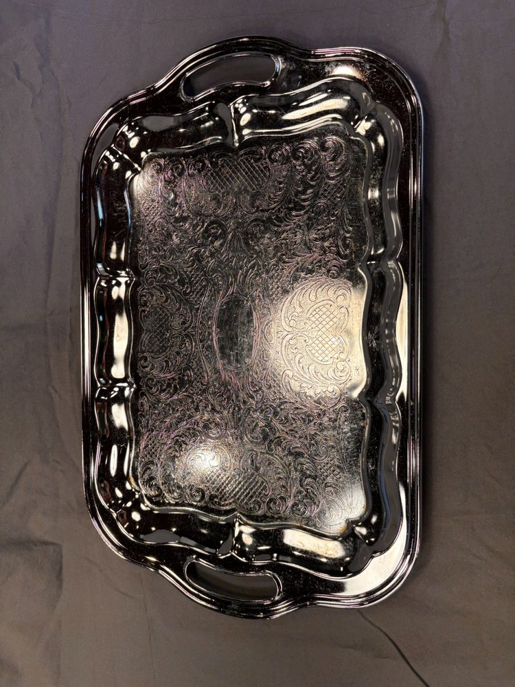 Vintage Silverplate Serving Tray with Handles – Unmarked
