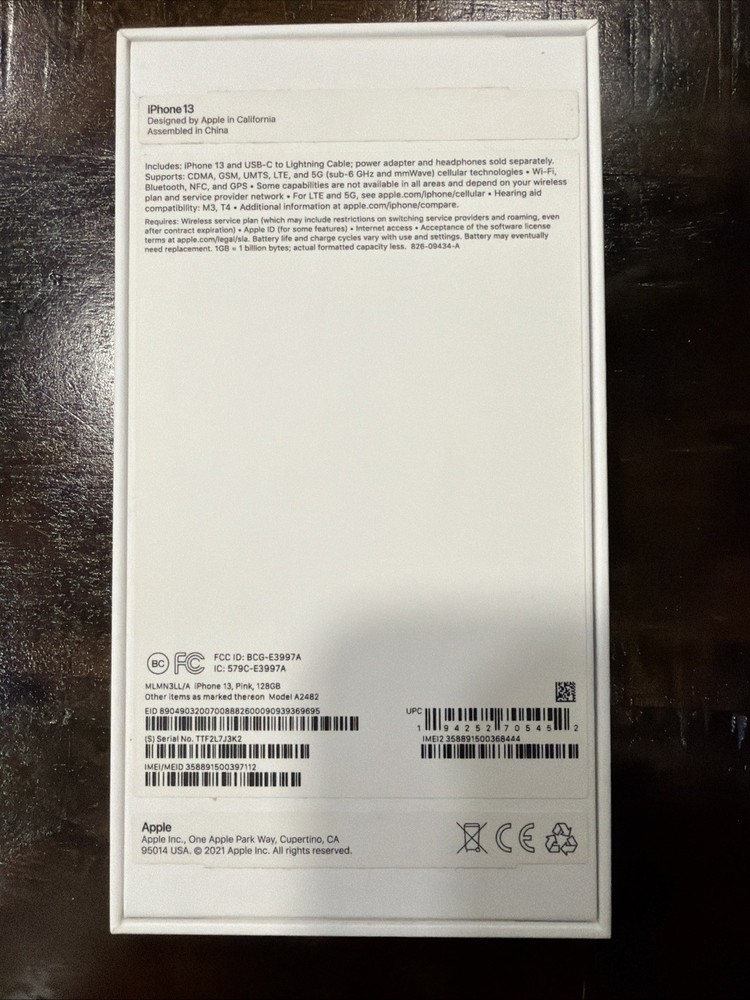 Apple IPhone 13 128GB Pink Empty Box Only With USB C-Lighting Cable