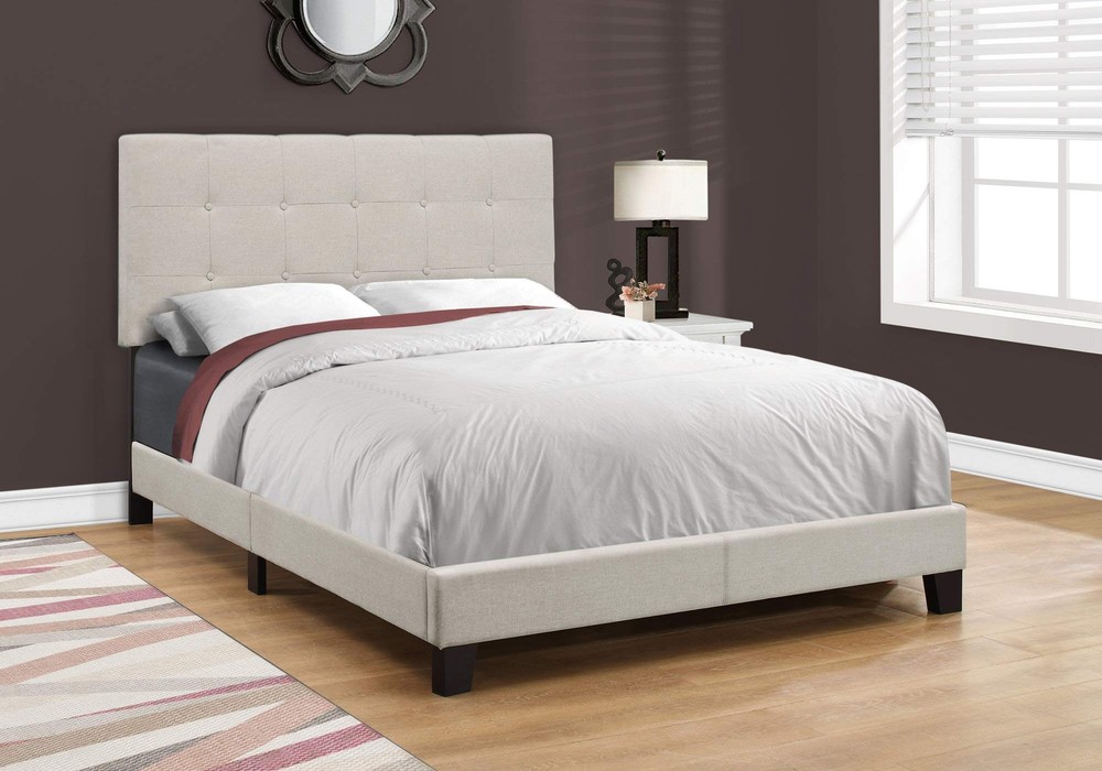 Beige Solid Wood Tufted Upholstered Linen Bed Frame