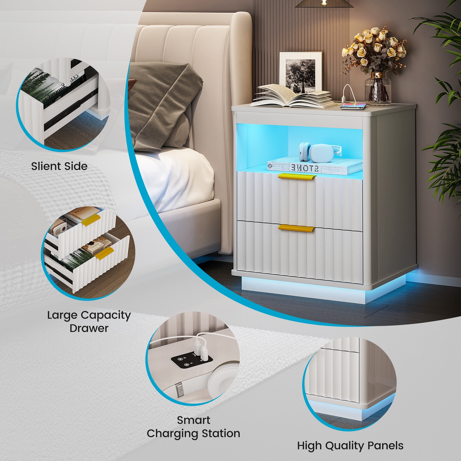Gurexl Nightstand Set of 2 with Charging Station and 3-Color LED Lights , White