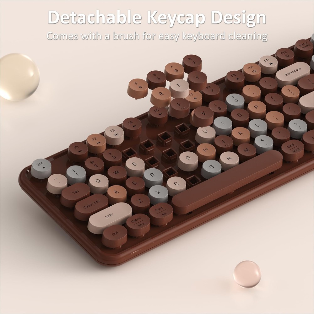 Wireless Keyboard Mouse Combo FullSize Retro Typewriter Round Keycaps Coffee