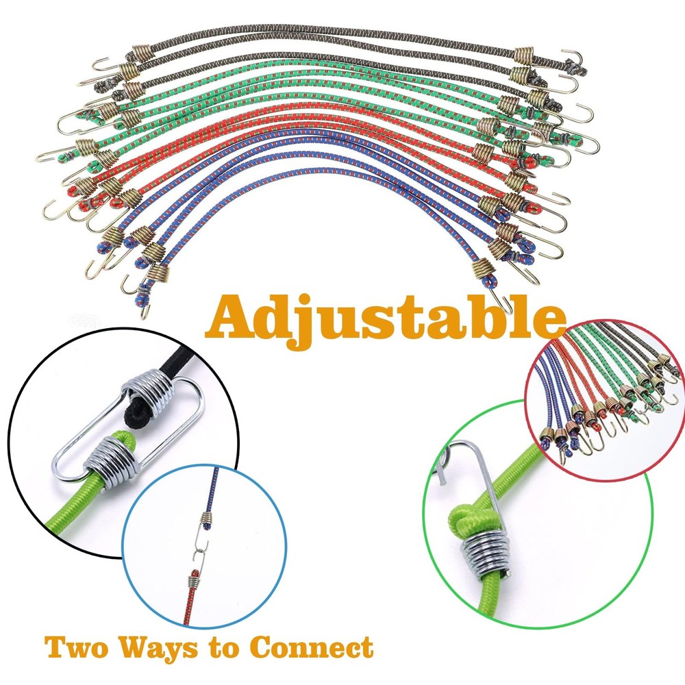 Small Bungee Cords with Hooks, 12-Piece Adjustable Set