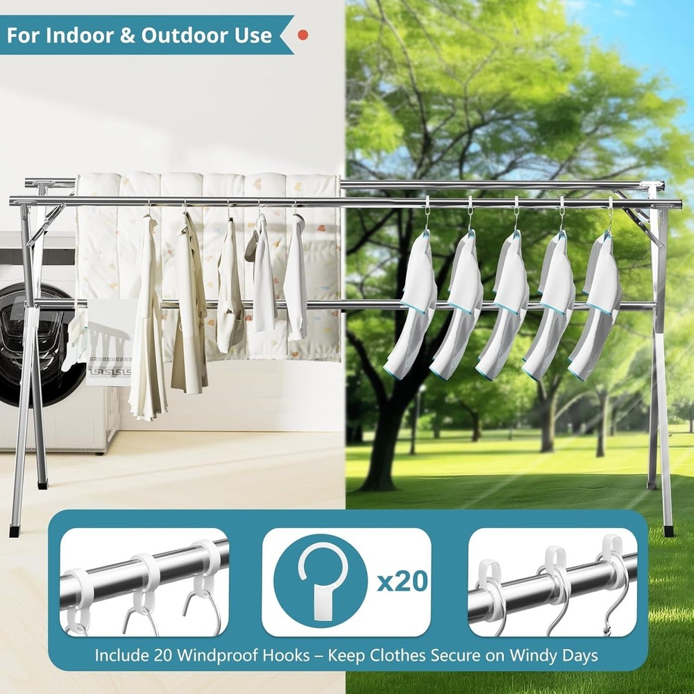 Large Foldable Laundry Rack with Windproof Hooks